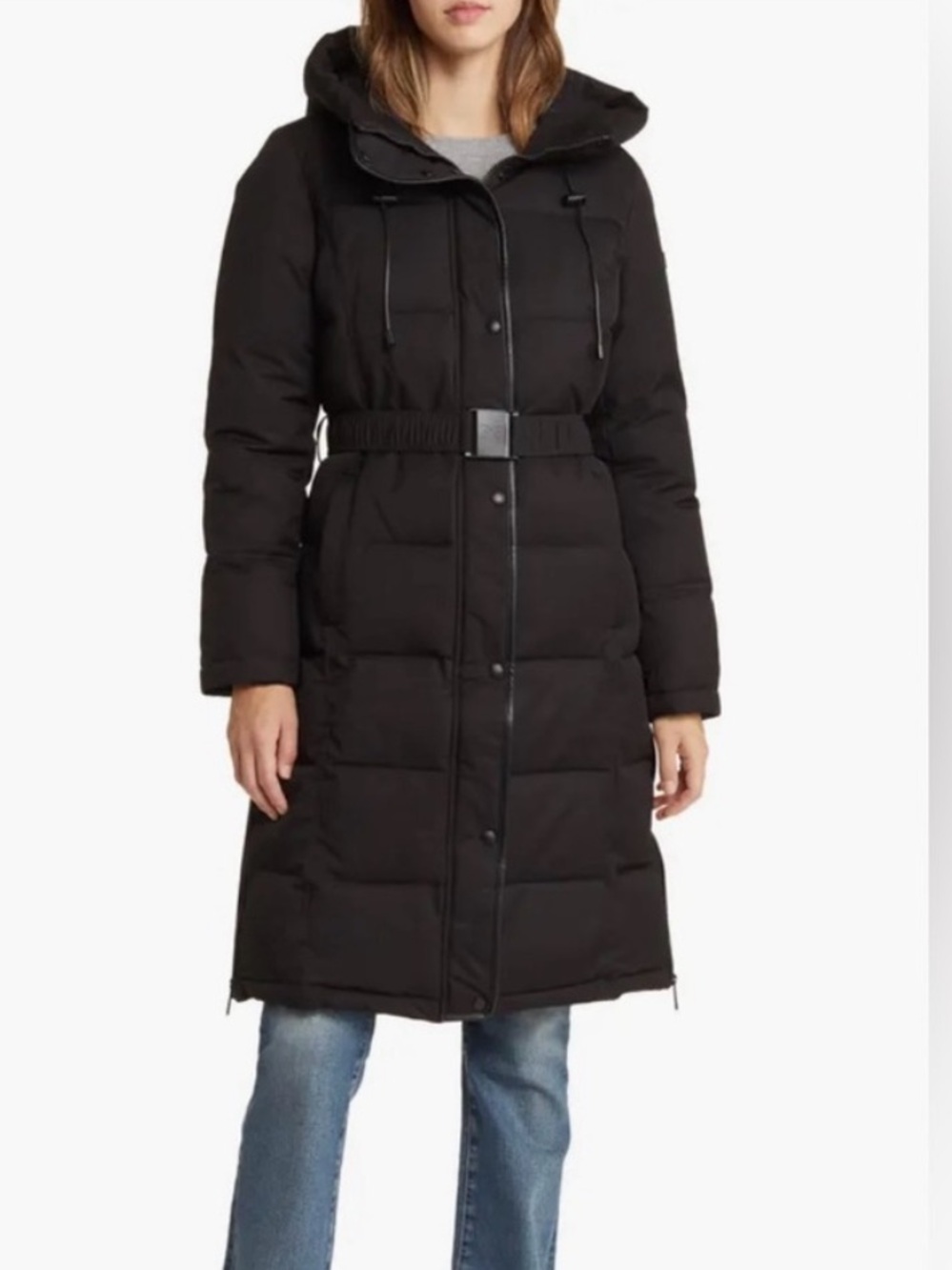 Sam Edelman Black Hooded Belted Long Puffer Coat